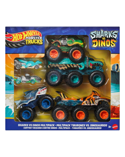 Autos y camiones Monster Trucks Hot Wheels: Tiburones vs Dinosaurios paquete múltiple con 2 grandes plataformas, 2 camiones monstruo y 2 vehículos